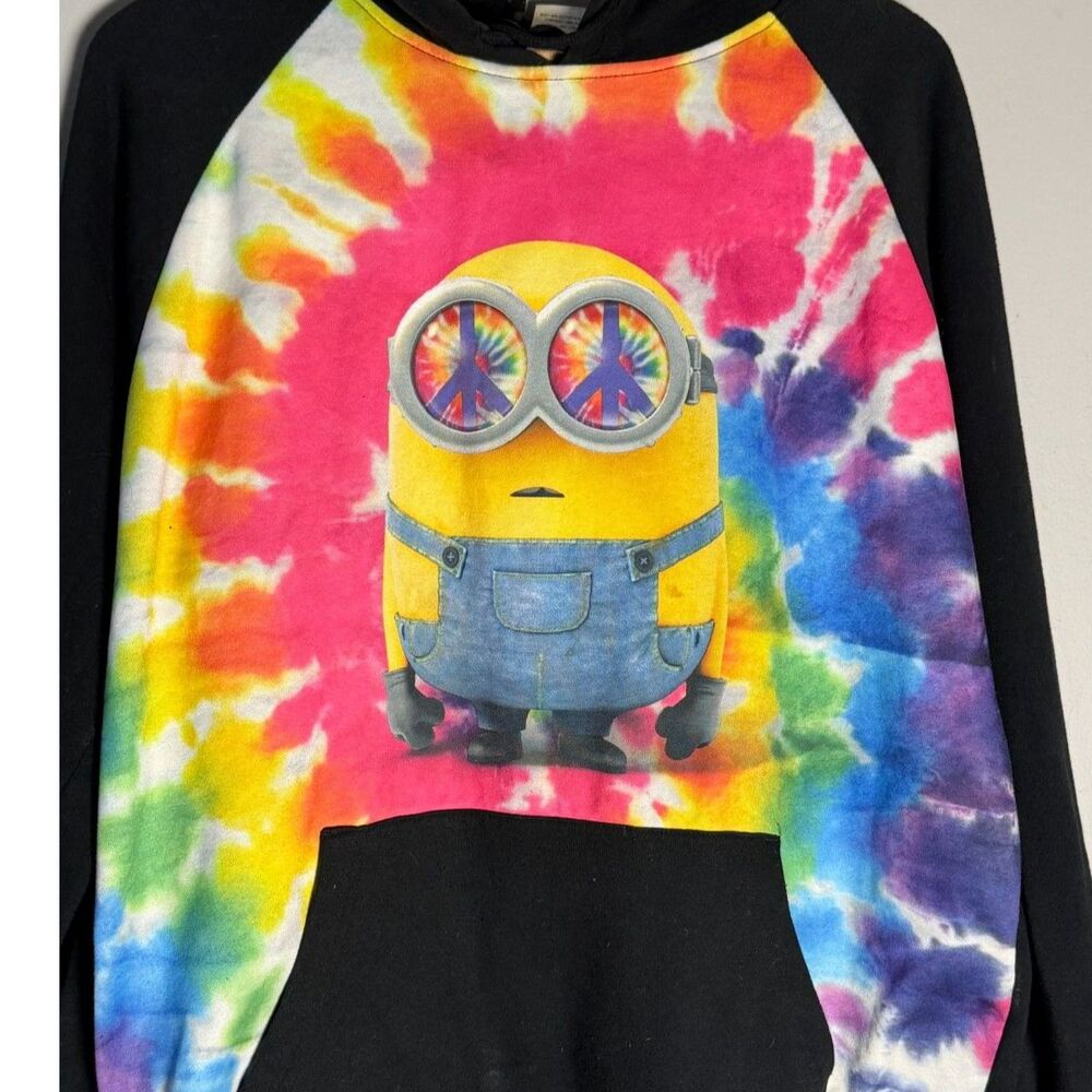 Minions Tie Dye Hoodie L Vintage Y2K Rainbow Peace Sign Graphic Sweatshirt